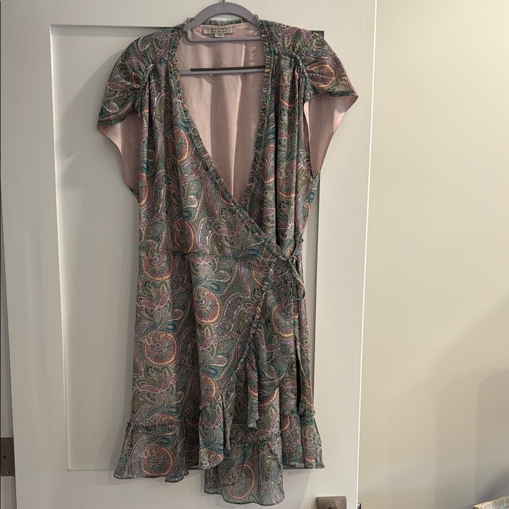 All Saints Pink and Green Flutter Sleeve Mini Dress